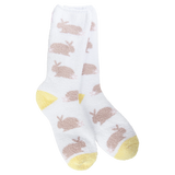 White cozy crew socks with beige bunny print, pink daisies, and yellow heel and toe accents