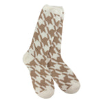Houndstooth patterned cozy crew socks in Portabella neutral tones with soft stretchy comfortable fabric