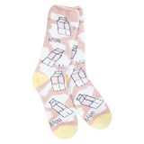 Beige cozy crew socks with milk carton print, yellow heel and toe, and Moo lettering design
