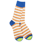 World's Softest Mountain Bluebird socks with tan stripes, royal blue accents, and lime green toe.