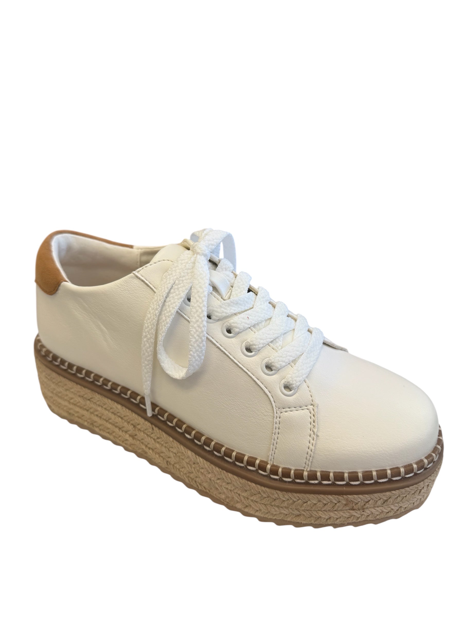 Ivory espadrille sneaker with jute flatform sole, tan heel detail, and lace-up design.