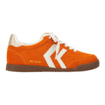 Orange lace-up sneaker with suede-look upper, cream laces, and retro low-top design.
