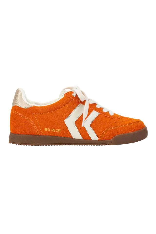 Orange lace-up sneaker with suede-look upper, cream laces, and retro low-top design.