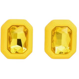Yellow rectangle stud earrings with faux rhinestone set in yellow acrylic.