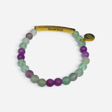 Mint green lavender and purple stone bracelet with gold-tone You Are Loved engraved bar.