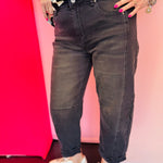 Zenana black high-waisted cropped barrel pants with cuffed hem and relaxed leg silhouette for everyday style.