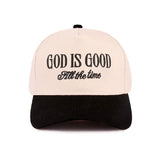 Zenana White crown and black bill trucker hat with black embroidered “God Is Good All The Time.”