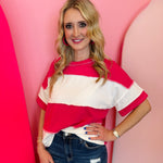 Zenana Hot pink colorblock terry top with exposed seams and relaxed boxy fit.