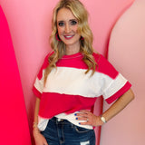Zenana Hot pink colorblock terry top with exposed seams and relaxed boxy fit.