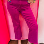 Zenana magenta cropped bootcut jeans with frayed hem and stretch fit.
