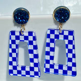 Blue & White Checkered Drop Earrings