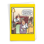 A vintage-style card shows a woman explaining why her husband is wearing a vet cone.