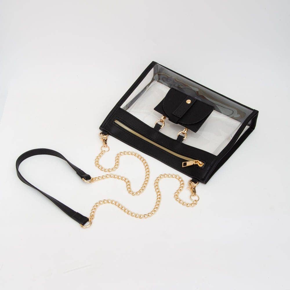 Clear crossbody bag with black trim and gold hardware, featuring a detachable sunglasses holder—fun and functional for any event.