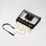 Clear crossbody bag with black trim and gold hardware, featuring a detachable sunglasses holder—fun and functional for any event.