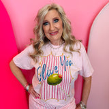 Pink striped graphic tee with Olive You design and crystal accents on olive graphic