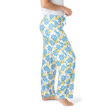 Wide-leg lounge pants in soft, stretchy fabric with elastic waistband, & drawstring tie.