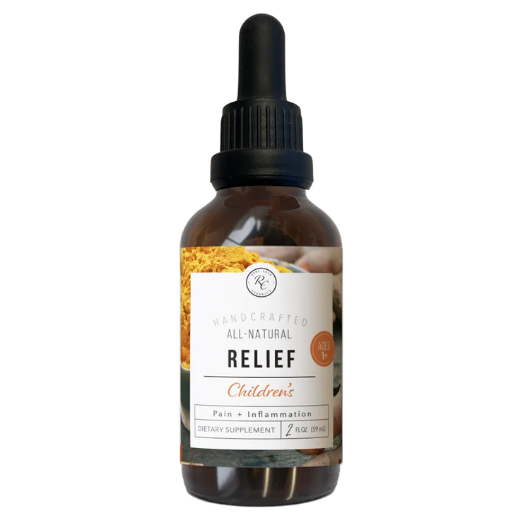 A bottle of Rowe Casa Children's Relief Supplement, 2 oz size, with a dropper, labeled for pain and inflammation relief with organic ingredients.