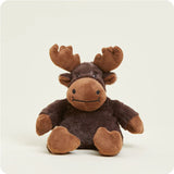 A small, soft brown plush moose toy with large antlers, designed to be microwavable.